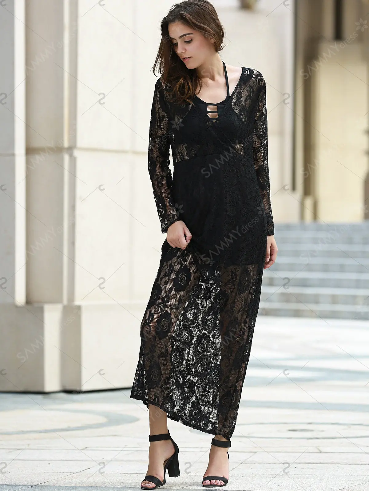 Elegant Women's Plunging Neckline Long Sleeve Dress 2