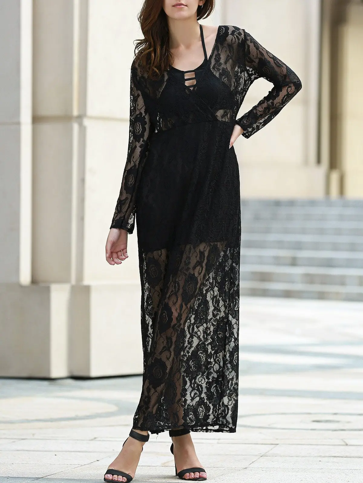 Elegant Women's Plunging Neckline Long Sleeve Dress 1