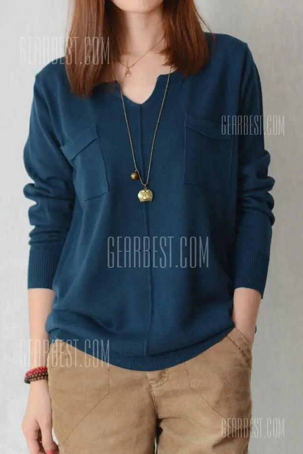 V Neck Double Pockets Long Sleeve Sweater 1