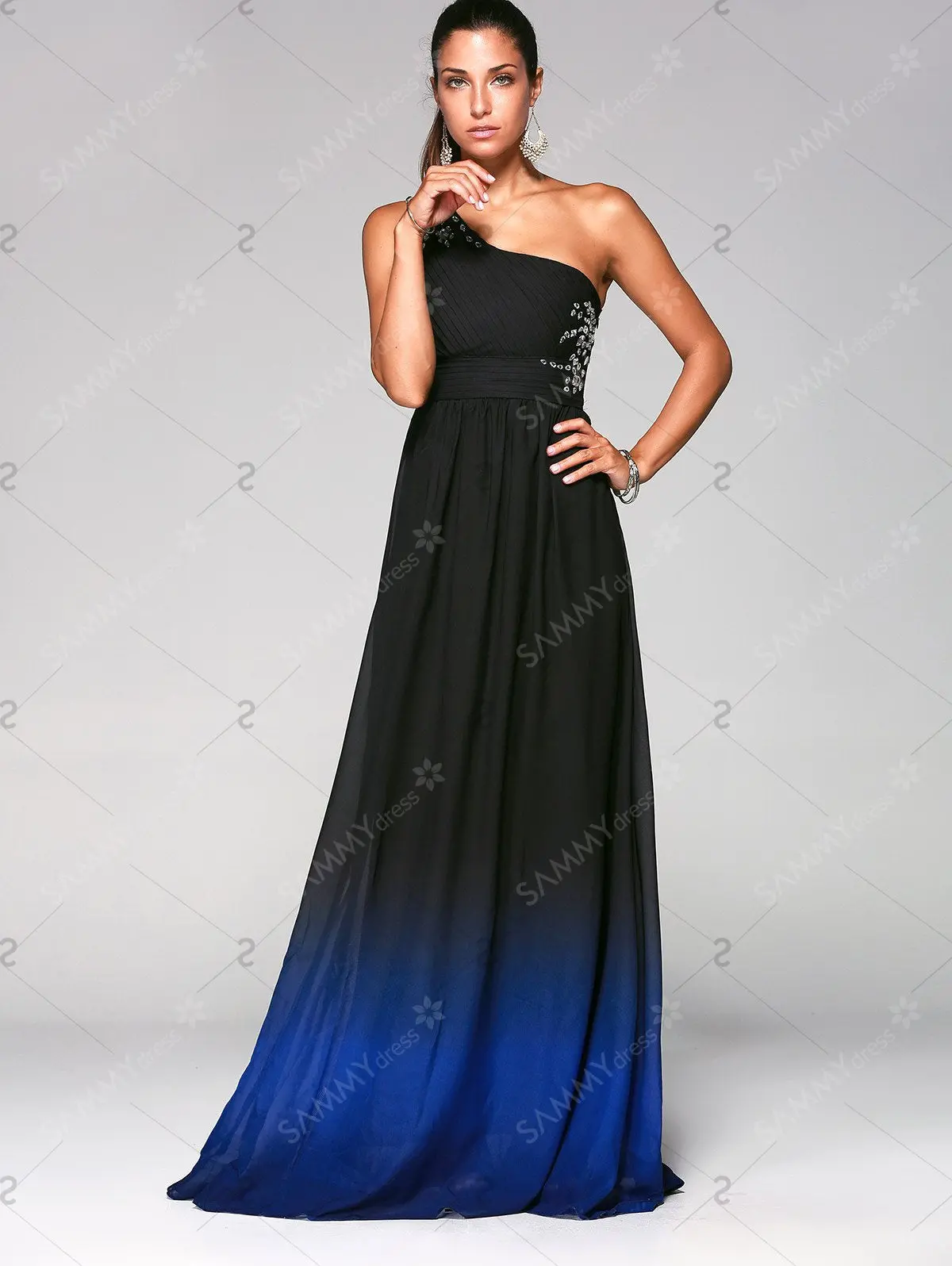 Rhinestone Sleeveless One-Shoulder Ombre Prom Dress 2