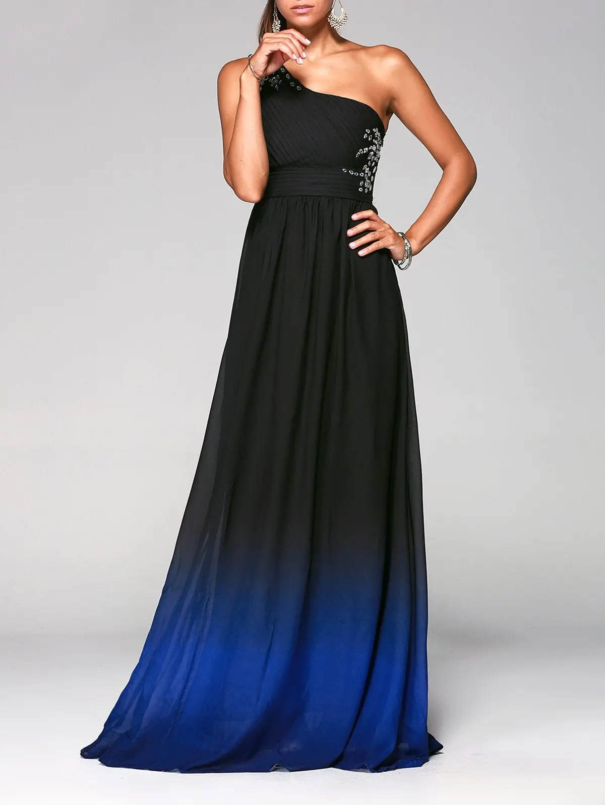 Rhinestone Sleeveless One-Shoulder Ombre Prom Dress 1
