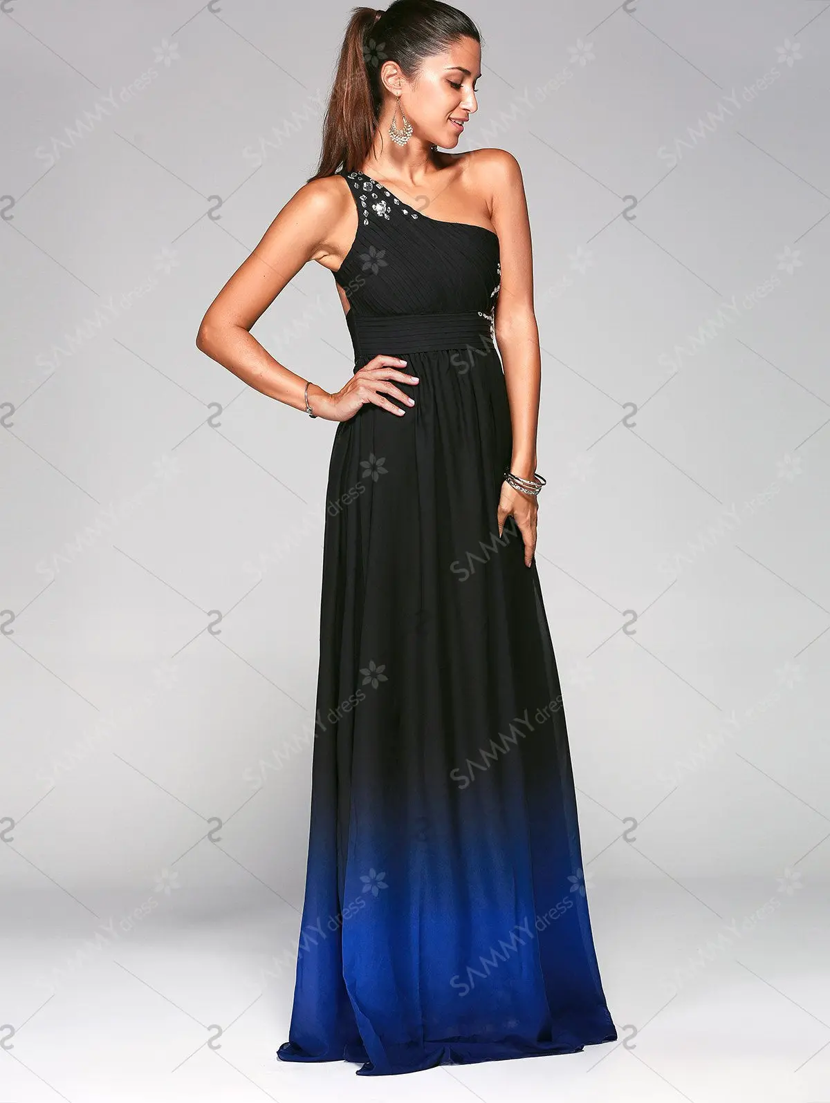 Rhinestone Sleeveless One-Shoulder Ombre Prom Dress 3