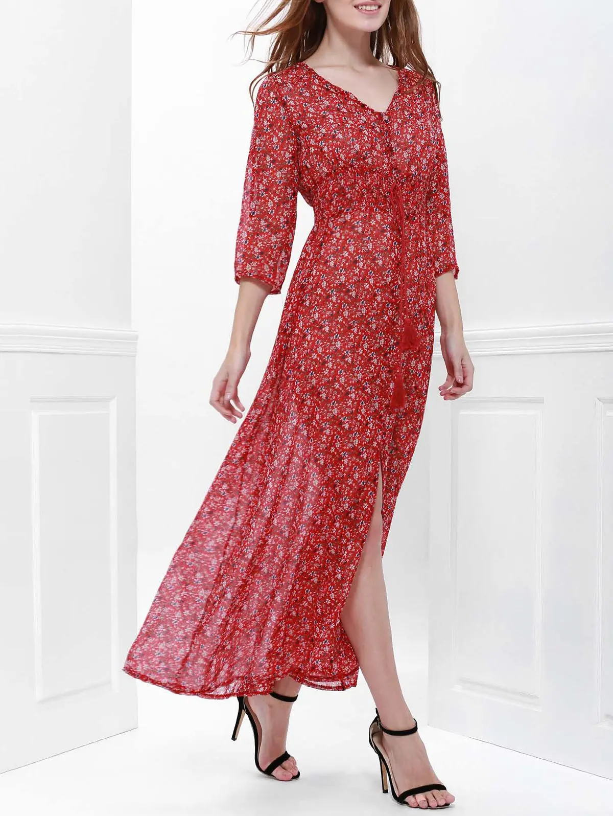Printed High Slit Maxi Dress With Sleeves - Red - L 1