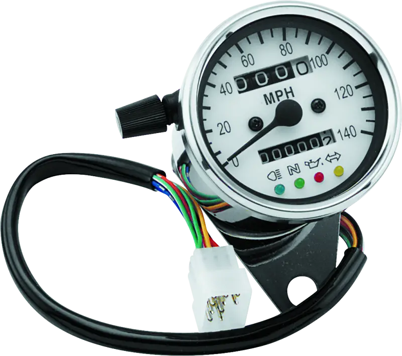 Bikers Choice 2.5 Inch Chrome 2:1 Universal Mini Speedo W Led Indicators White Face 140 Mph 1