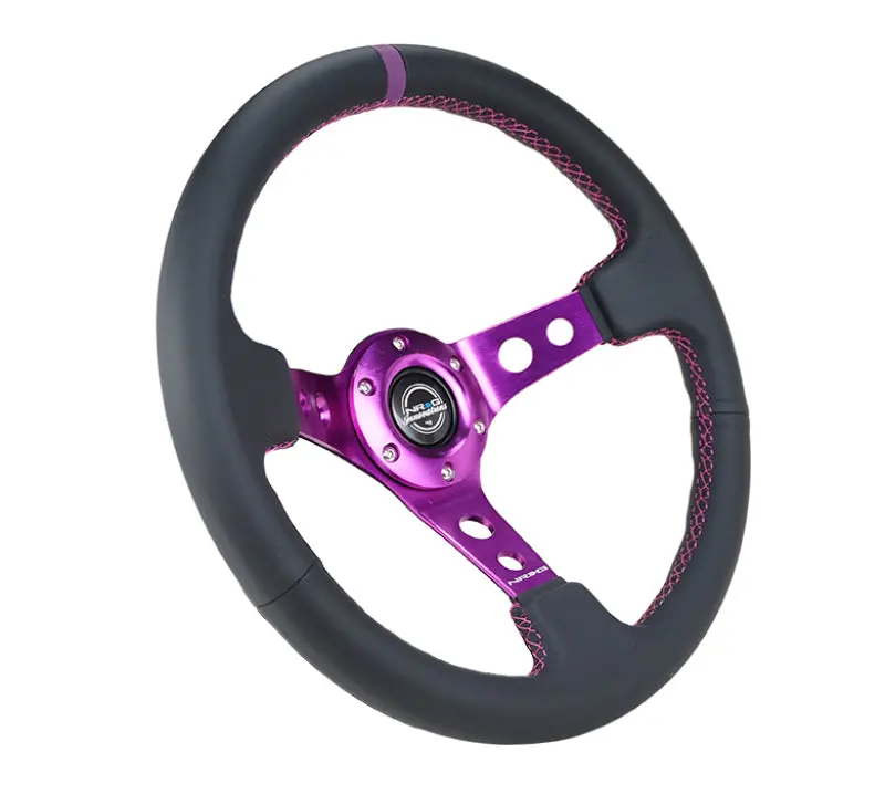 Nrg Reinforced Steering Wheel (350Mm / 3In. Deep) Black Leather W/Purple Center & Purple Stitching 1