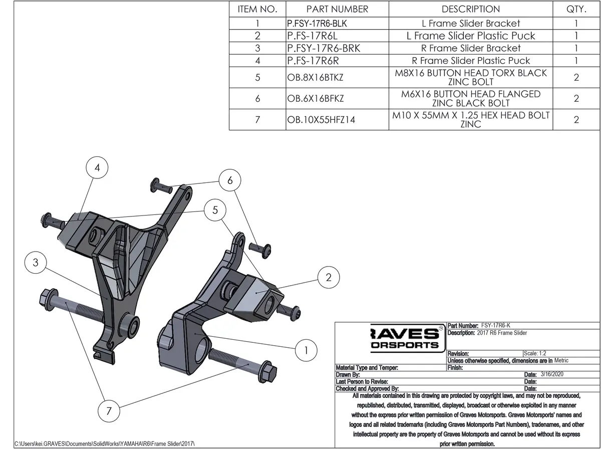 Graves Yamaha R6 Diamond Frame Sliders 2017 + 2