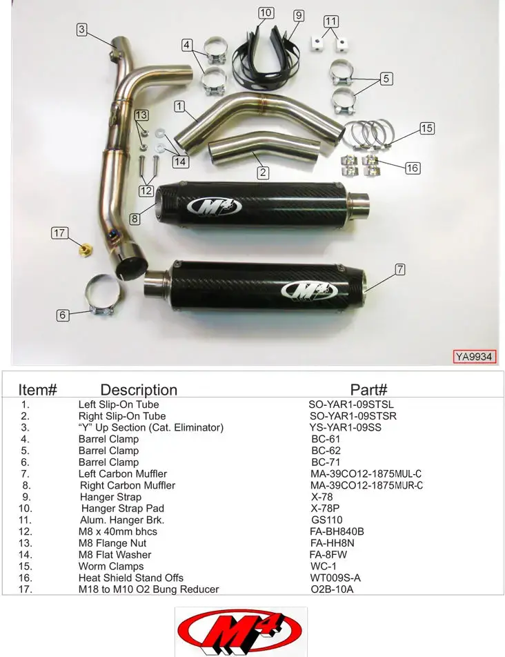 M4 Exhaust Cat Eliminator Slip-On With Carbon Fiber Canisters 2009-2014 R1 Ya9934 2