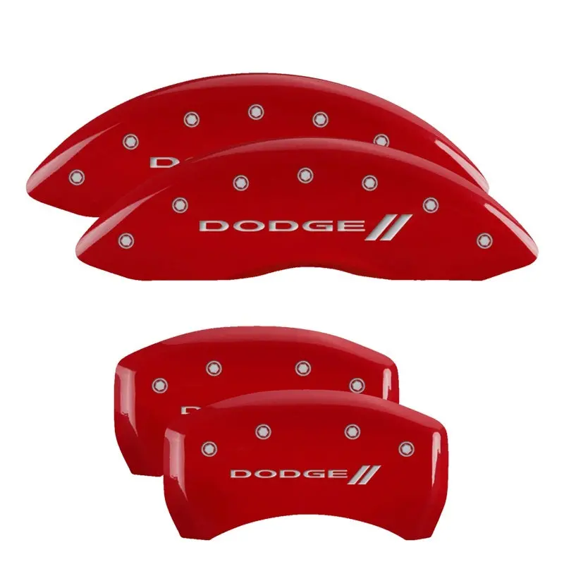 Mgp 4 Caliper Covers Engraved Front & Rear With Stripes/Dodge Red Finish Silver Ch 1