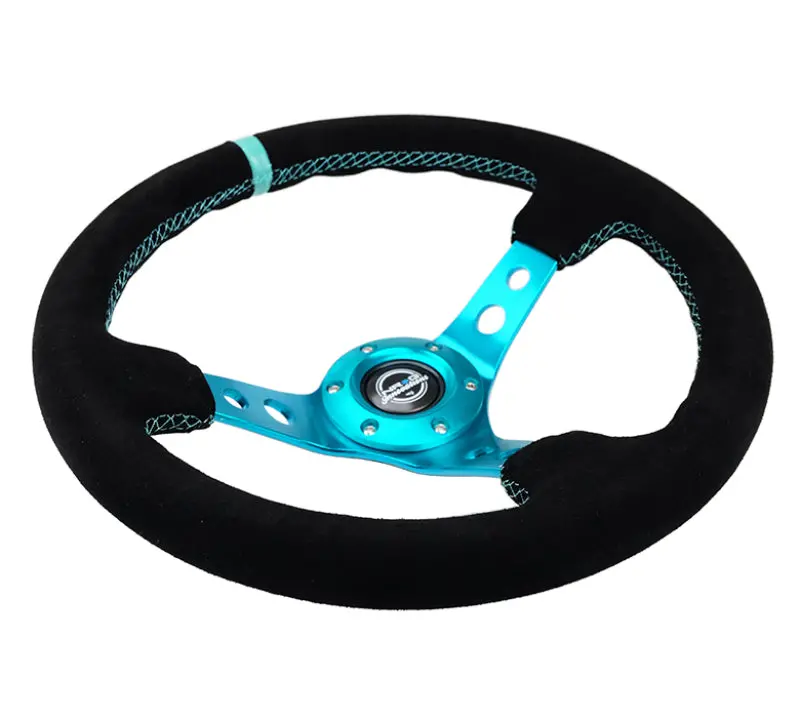 Nrg Reinforced Steering Wheel (350Mm/ 3In. Deep) Black Suede/ Teal Center Mark/ Teal Stitching 2