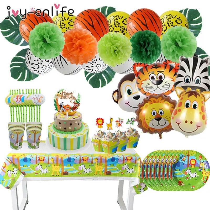 Jungle Animal Party Monkey Lion Foil Balloon Safari Birthday Party Decoration Kids Disposable Tableware Cake Toppers Baby Shower 1