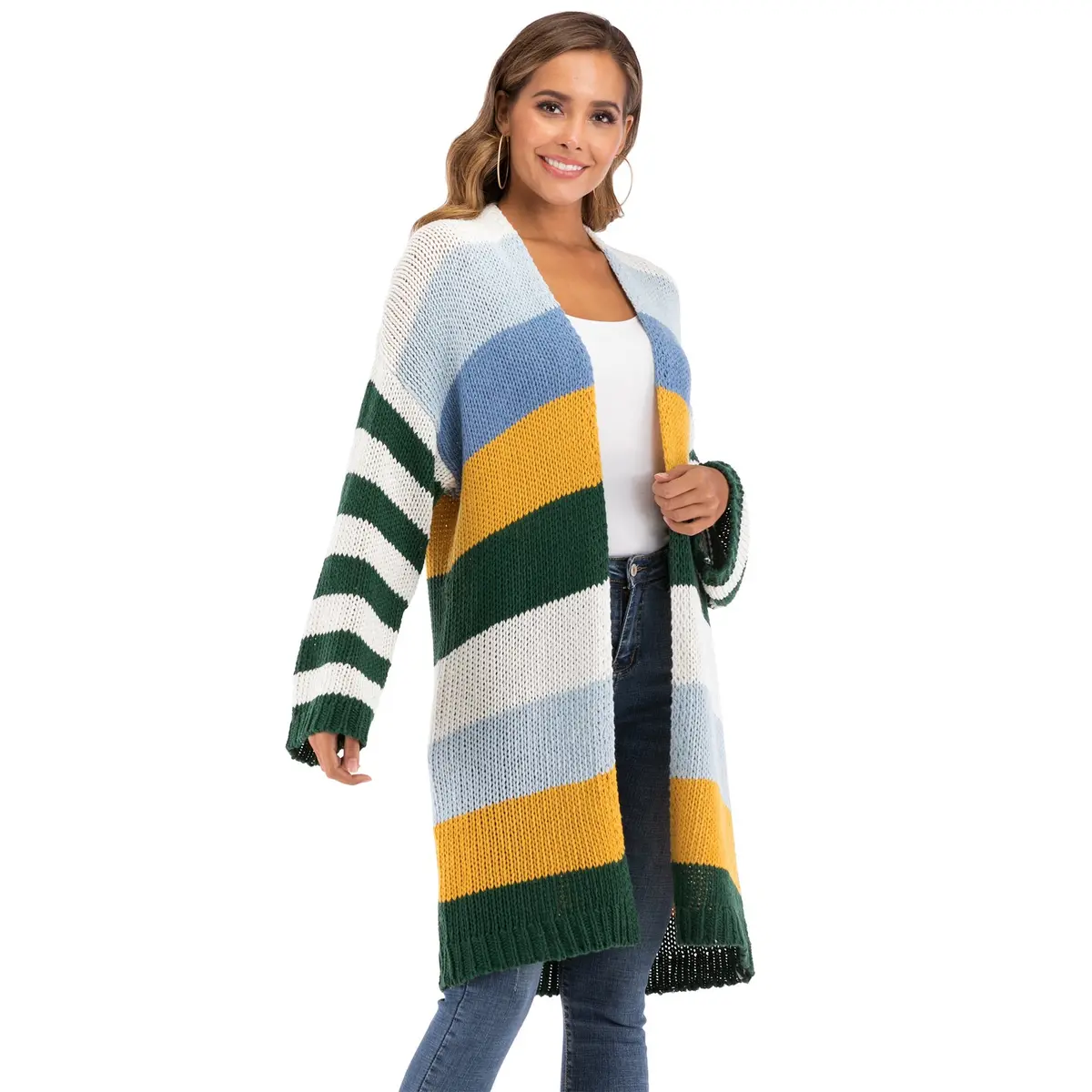 Women's Winter Coat Warm Cross Border Casual Long Joint Contrast Color Striped Oversize Knitted Sweater Cardigan Patched Outwear 1
