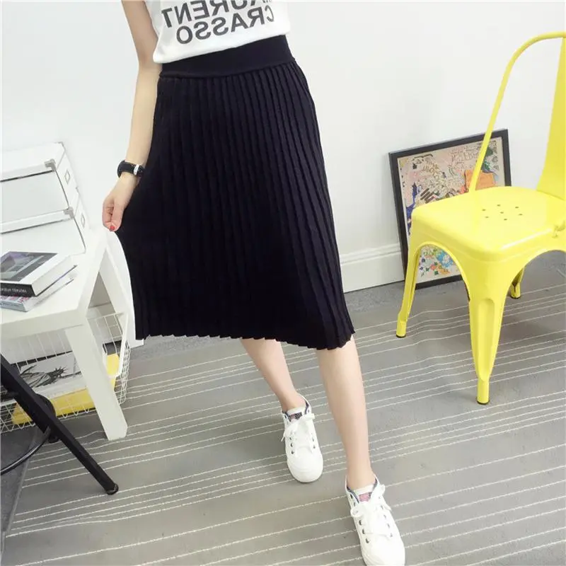 Women's Cute Pleated Korean Midi Skirt 2016 Autumn Winter Casual High Waist Stretchy Knitted Cotton Wool Slim Black Skirts Sk104 1