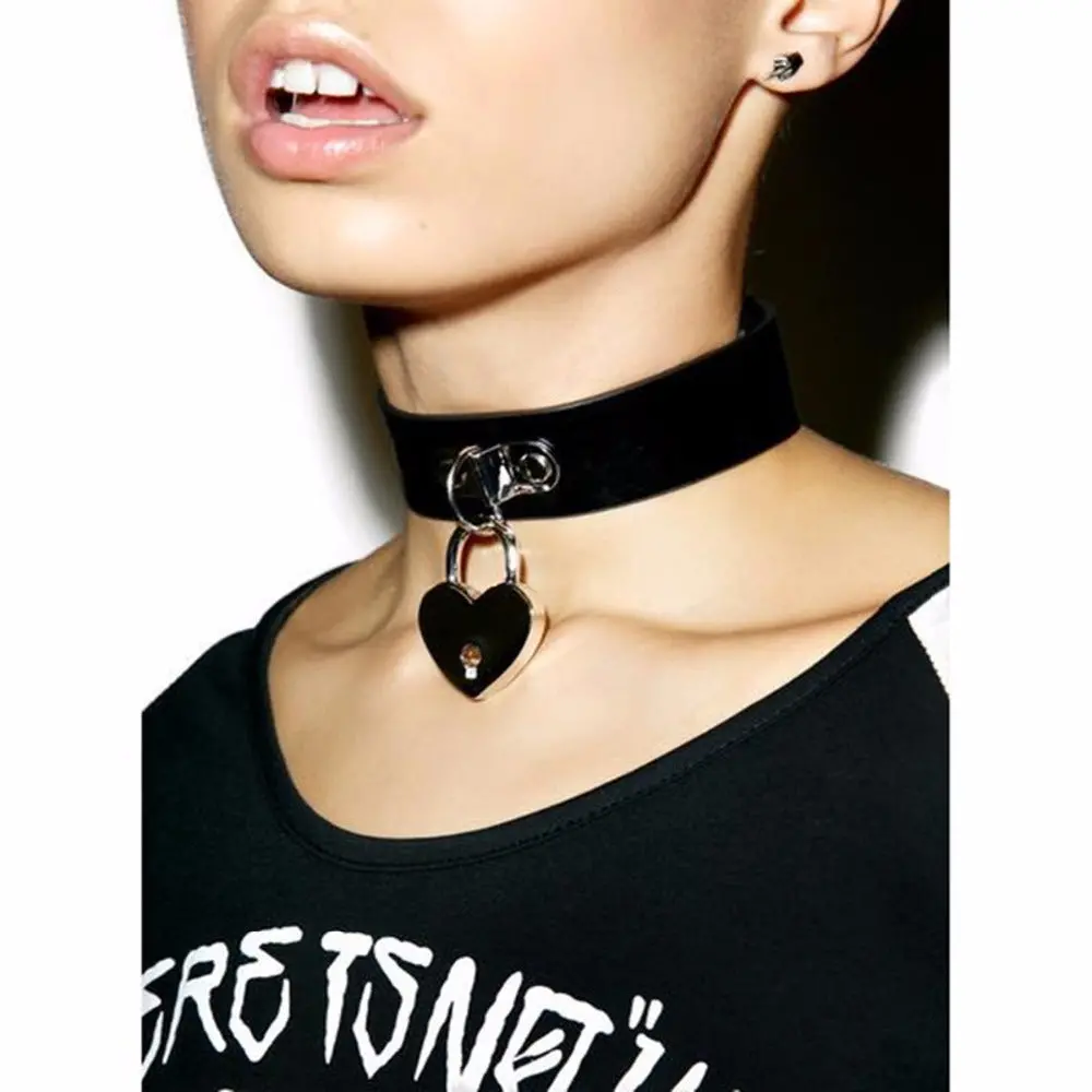 Steampunk Gothic Collier Leather Lock&Heart Decoration Tattoo Harness Choker Necklace Female Grunge Jewelry Statement Necklace 1