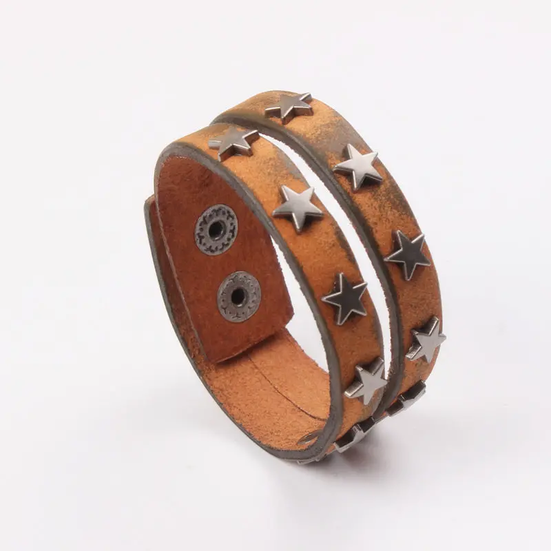 Latest Design Retro Real Brown Cow Leather Male Bracelets Bangles Star Charm Bracelet  Beloved  Cowboy Gift  Whloesale/Retail 1