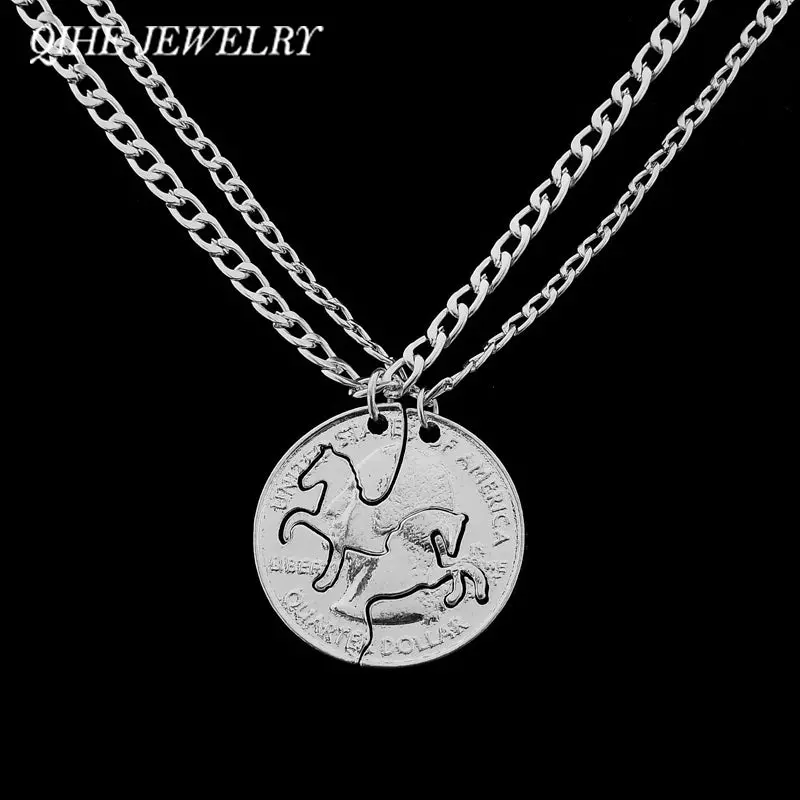 Qihe Jewelry 2Pc/Set Animal Prancing And Rearing Horse Pendant Necklace Cowgirl Jewelry 2 Part Hand Cut Coins Friends Couples 1