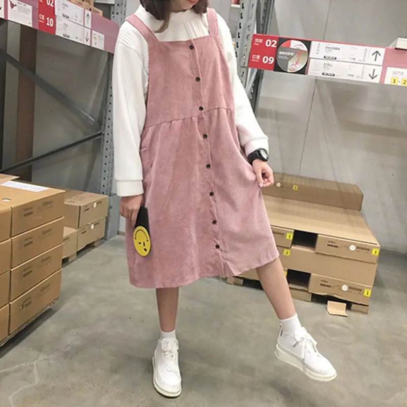 Autumn And Winter Women's New Corduroy Dress Student Campus Style Solid Colour Loose Medium And Long Strap Dress 1