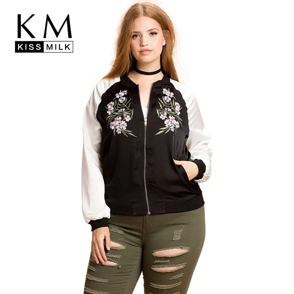 Kissmilk Plus Size Fashion Women Clothing Casual Preppy Style Embroidery Print Outwear Basic Jacket Zipper Big Size Jacket Coat 1