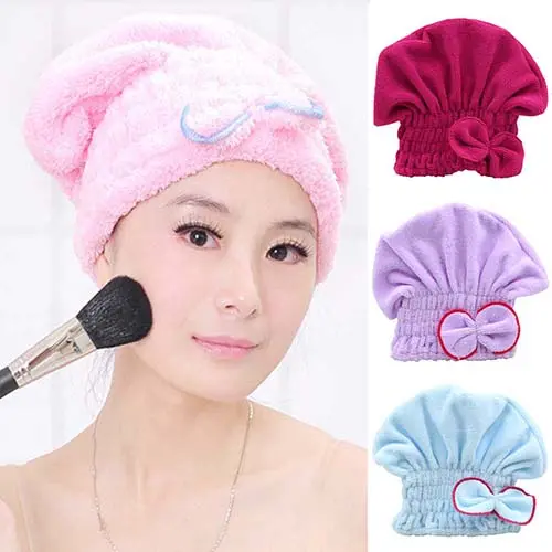 Women's Hair Drying Hat Spa Towel Turban Cap Cute Bowknot Soft Coral Velvet Micro-Fiber  7Jum 1