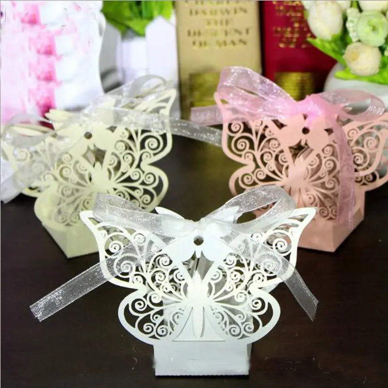10Pcs/Set Butterfly Laser Cut Hollow Carriage Favors Box Gifts Candy Boxes With Ribbon Baby Shower Wedding Event Party Supplies 1