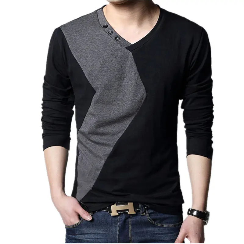 Big Size Cotton T Shirt  Spring/Autumn Fashion Mens T-Shirt Homme Men's Long Sleeved V-Neck Patchwork Color Casual T-Shirts 1