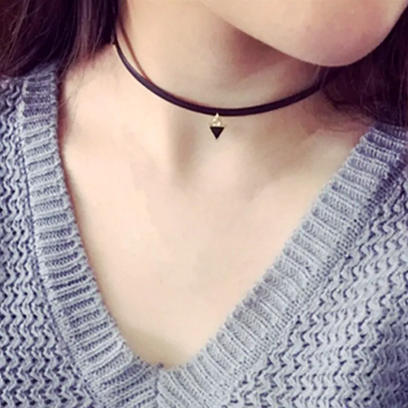 Vintage Leather Black Choker Necklace Pendant Gothic Punk Grunge Henna Elastic With Choker Pendant Trangle Necklaces Gift 1