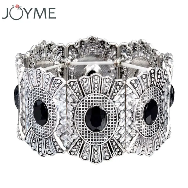 Joyme Design Retro Elastic Strand Charm Bracelet Tibetan Silver Plated Wide Cuff Bracelet & Bangle For Women Vintage Boho Style 1