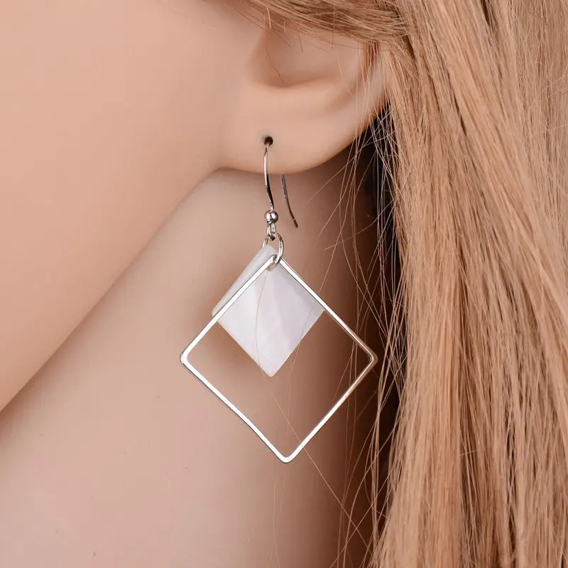 2017 New Minimalist Brief Cool Style Silver Plated Alloy Square White Shell Dangle Fashion Earrings For Women Jewelry Brincos 1