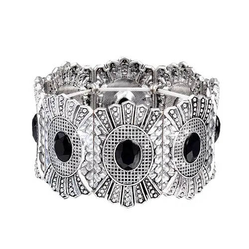 Joyme Design Retro Elastic Strand Charm Bracelet Tibetan Silver Plated Wide Cuff Bracelet & Bangle For Women Vintage Boho Style 2
