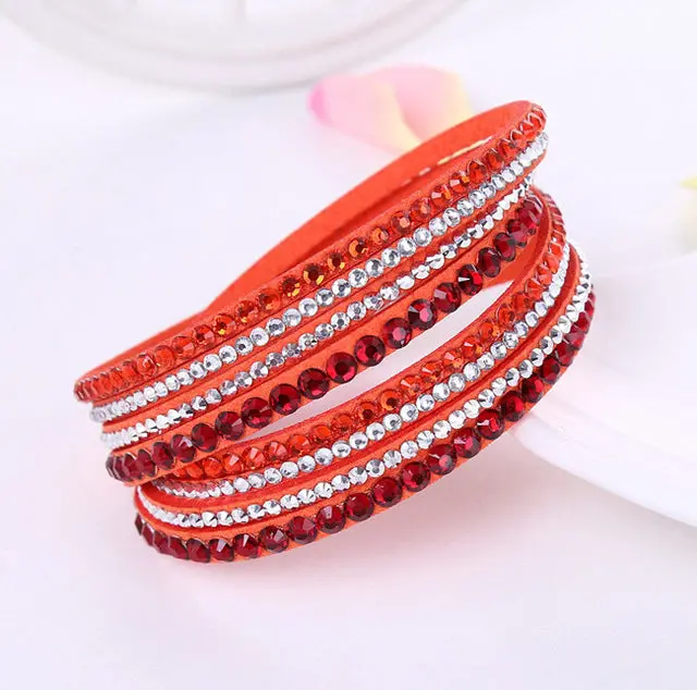 2016 New Leather Bracelet Rhinestone Crystal Bracelet Wrap Multilayer Bracelets For Women Feminino Pulseras Mulher Jewelry 16