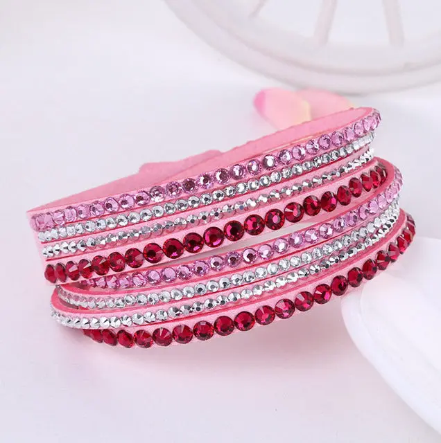 2016 New Leather Bracelet Rhinestone Crystal Bracelet Wrap Multilayer Bracelets For Women Feminino Pulseras Mulher Jewelry 4
