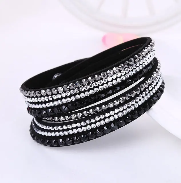 2016 New Leather Bracelet Rhinestone Crystal Bracelet Wrap Multilayer Bracelets For Women Feminino Pulseras Mulher Jewelry 9
