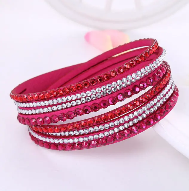2016 New Leather Bracelet Rhinestone Crystal Bracelet Wrap Multilayer Bracelets For Women Feminino Pulseras Mulher Jewelry 14