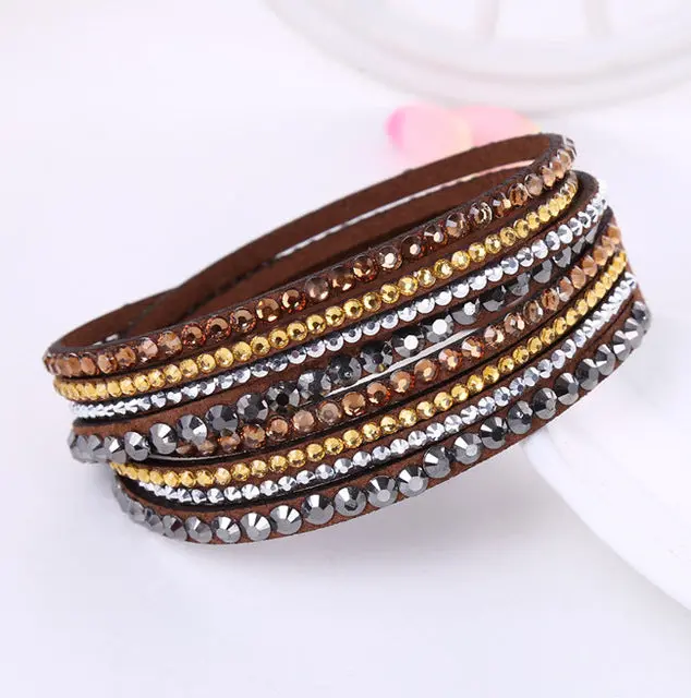 2016 New Leather Bracelet Rhinestone Crystal Bracelet Wrap Multilayer Bracelets For Women Feminino Pulseras Mulher Jewelry 15