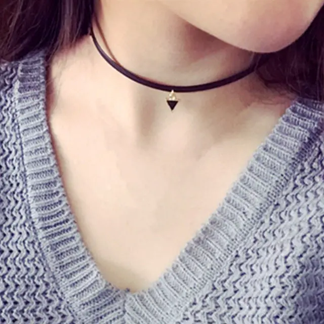 Vintage Leather Black Choker Necklace Pendant Gothic Punk Grunge Henna Elastic With Choker Pendant Trangle Necklaces Gift 5