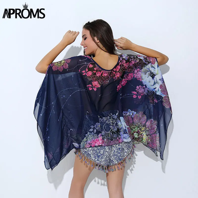 Boho Batwing Sleeve Chiffon Blouse Women Casual Floral Print Loose Kimono Shirts Big Size Beach Tunic Tops Peplum Blusa Robe 1