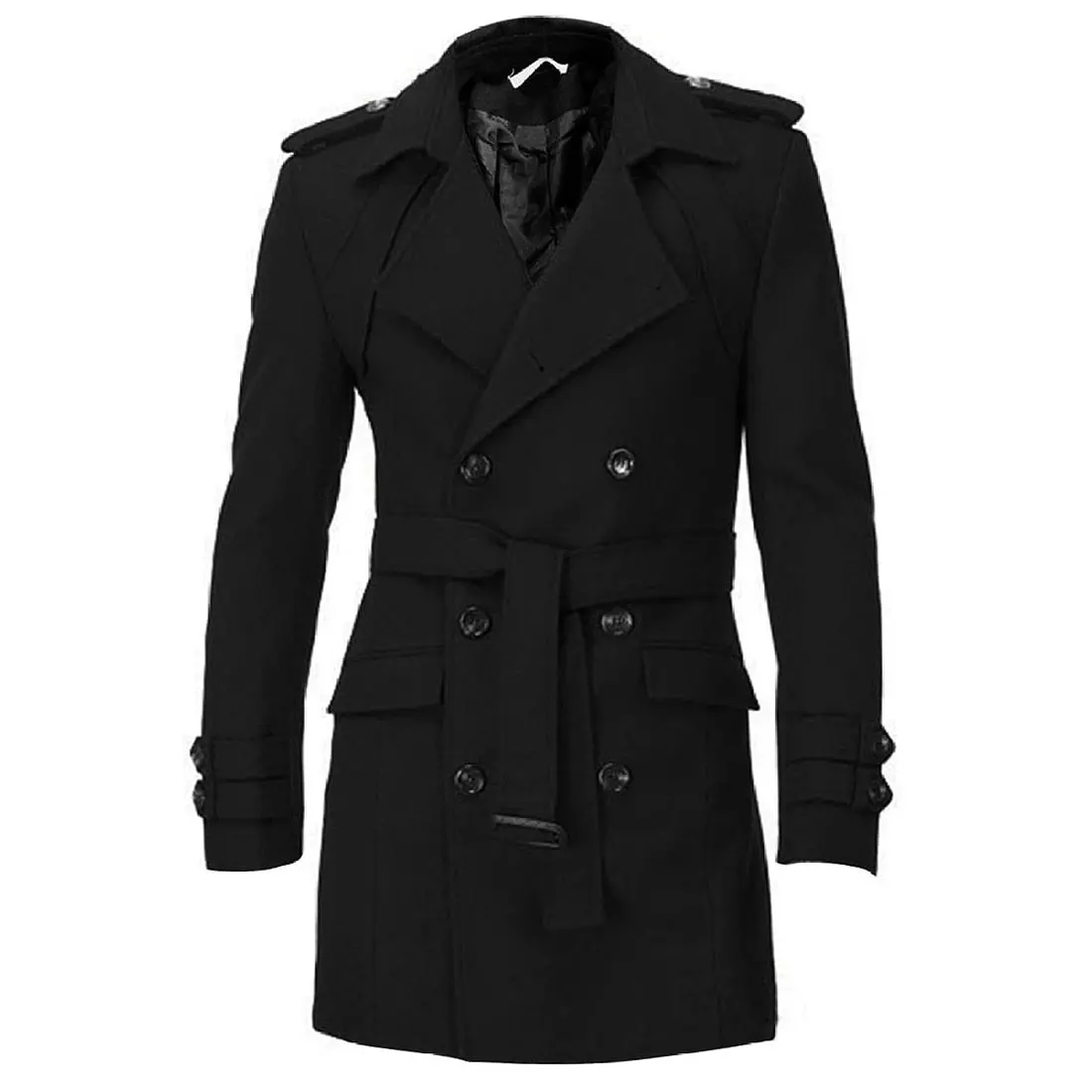 Men Epaulets Slim Fit Double Breasted Belted Worsted Coat Trench Winter Long Jacket Double Breasted Overcoat Woolen Outwear 1
