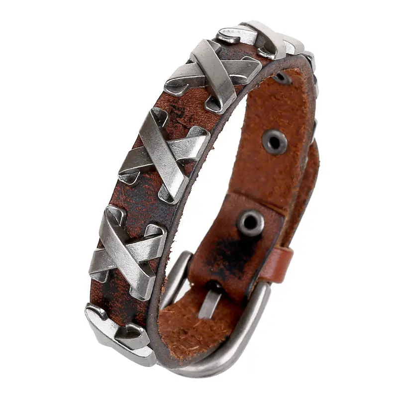 Punk Letters Handmade Men Bracelets Cow Leather Bracelet Retro Cuff Rope Bangles Cowboy Wristband Belt Buckle Vintage Jewelry 1