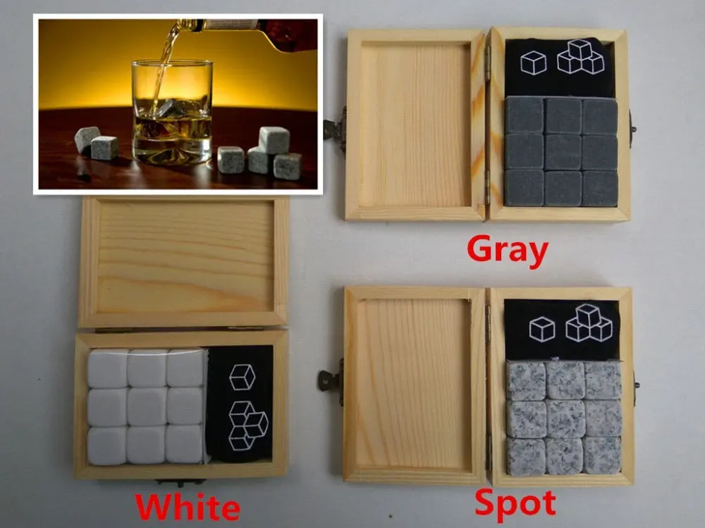 3 Colors 9Pcs/Set Whiskey Stones With Wooden Box+Velvet Bag Whisky Whiskey Rocks Stones Cube Stone Wooden Box Free Shipping 1