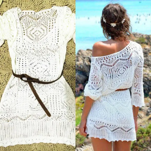 2016 Summer Women Lace Crochet Biquini Dress For Ladies Boho Half Sleeve White Hollow Out Sexy Mini Dress Femme Without Belt 1