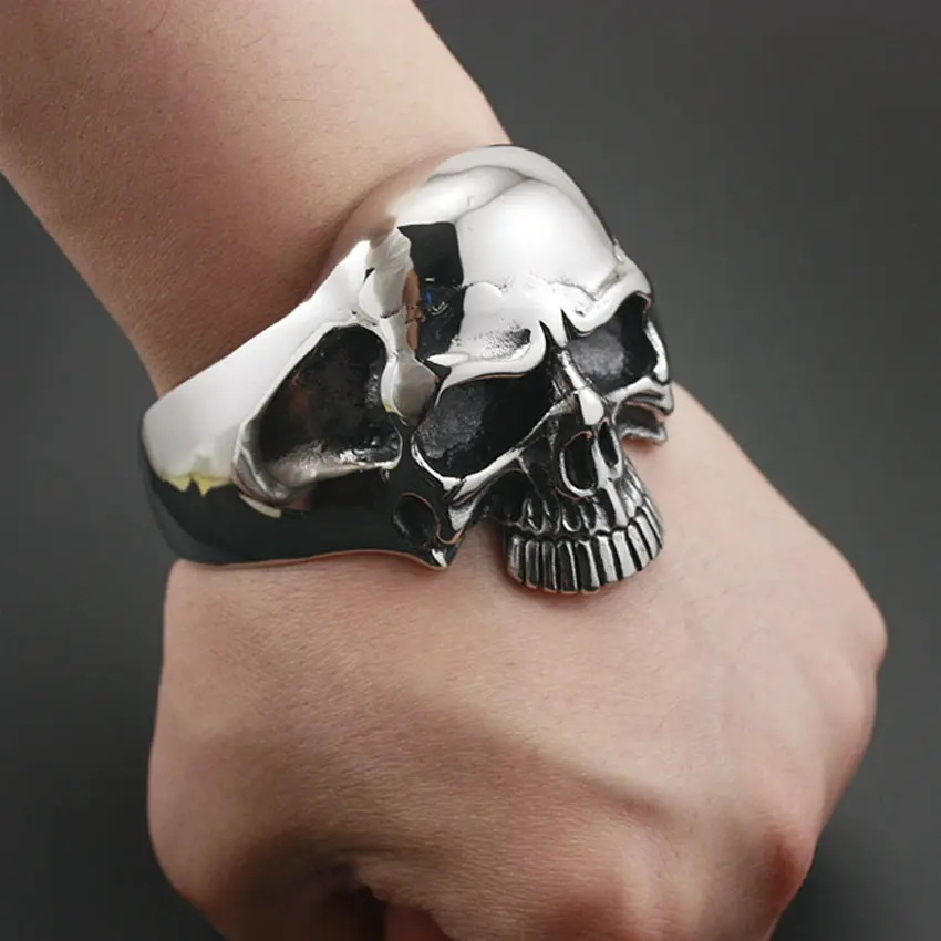 316L Stainless Steel Huge Heavy Skull Mens Biker Rocker Punk Bracelet Bangle Cuff 5J022 1