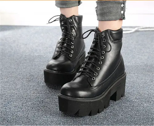 Pxelena Punk Gothic Women Ankle Boots Lace Up Chunky Block Square High Heel Platform Creeper Round Toe Fashion Ankle Boots Shoes 5