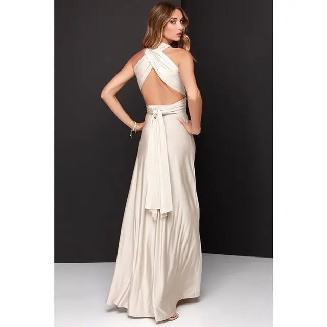 Elegant and adaptable maxi dress for women featuring an off-shoulder bandage design, seamless multiway wear options, and a sleek silhouette—ideal for bridesmaids, weddings, or special occasions. Model FS0210. - Image 3