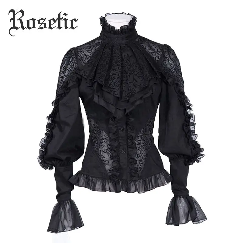 Rosetic Gothic Chiffon Shirts Spring Black Long Sleeve Slim Hollow Lace Fall Long Sleeve Stand Collar Solid Gothic Chiffon Shirt 1