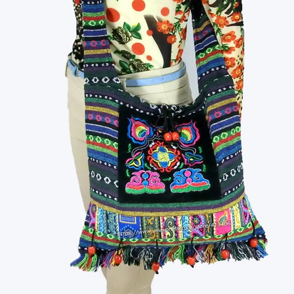 Free Shipping Vintage Hmong Tribal Ethnic Thai Indian Boho Shoulder Bag Message Bag Linen Handmade Embroidery Tapestry Sys-083F 1
