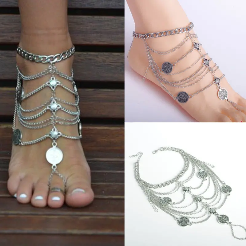 High Quality Women/Girl Silver Chain Fashion Bangle Handmade Floral Coin Boho Gypsy Beachy Ethnic Foot Anklet Bracelets Jewelry 1