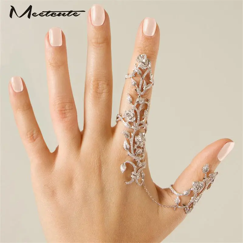 Meetcute Hot-Selling Occident  Women Chic Alloy+Rhinestone Shiny Crystal Floral Ring Celebrity Party Connect Full 2 Finger Rings 1