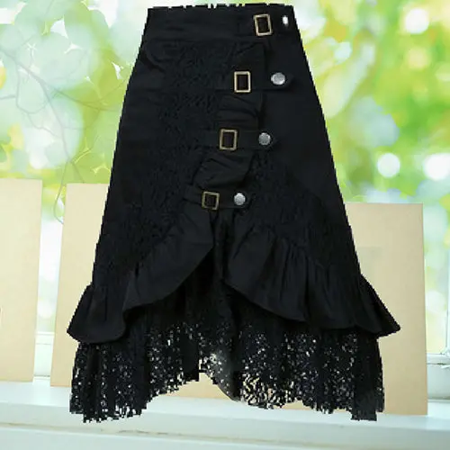Women's Steampunk Gothic Style Black Lace Splicing Metal Button Buckle Skirt 1