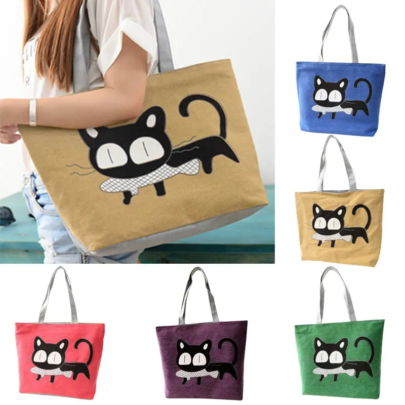 2017 New Special Cartoon Cat Fish Canvas Handbag Preppy School Bag For Girls Women's Handbags Cute Bags Lxx9 1