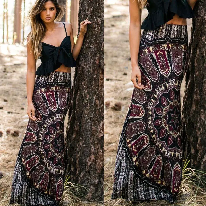 Beach Clothing Casual Summer Sexy Women Skirts Boho Hippy Women Summer Floral Vintage Long Maxi Slim Skinny Skirt 1