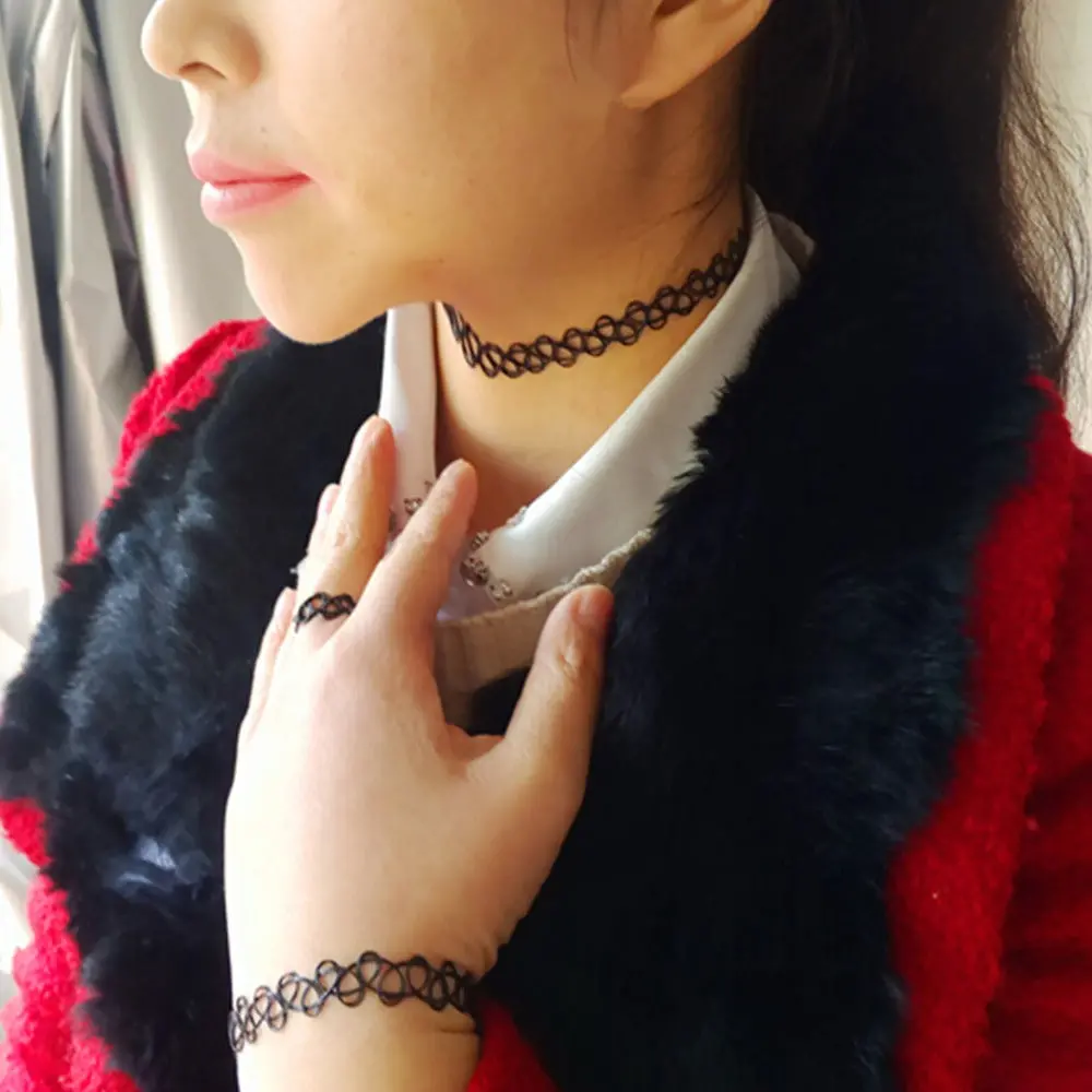 X258 New Vintage Stretch Tattoo Choker Necklace Gothic Punk Grunge Henna Elastic With Pendant Necklaces 3Pcs/Set 1